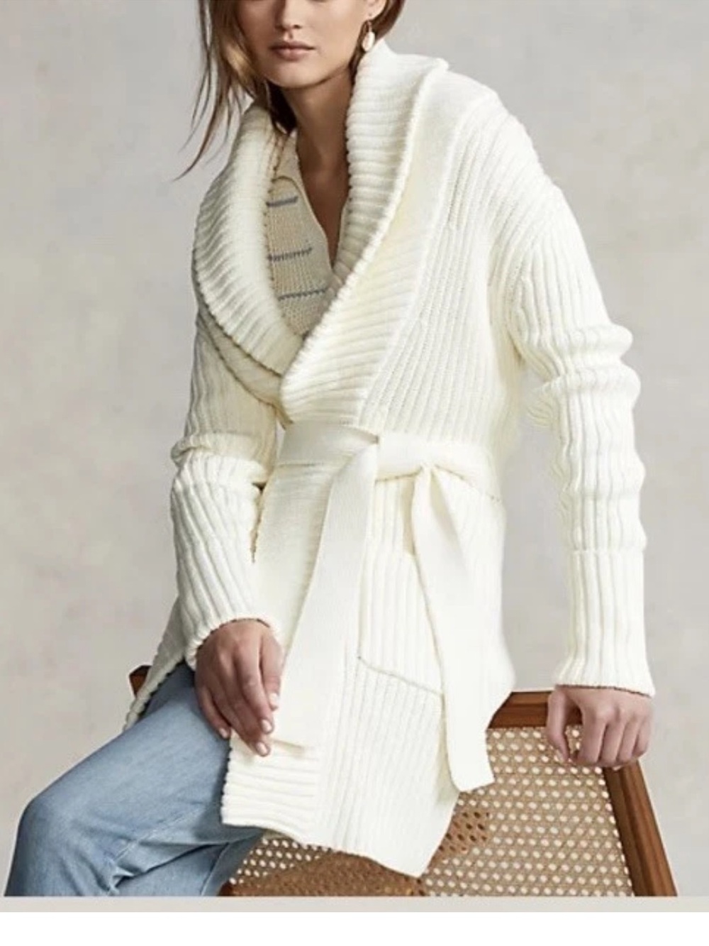POLO Ralph Lauren Shawl Collar Cotton Cardigan Cream Size Small S Sweater Belted - Picture 2 of 7